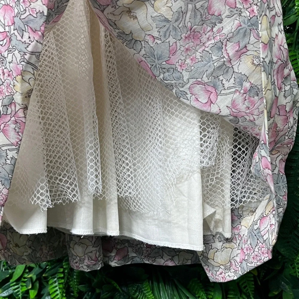 Vintage Girls Size 4 Floral Print Dress With Lace Collar Short Puff Sleeves 3168
